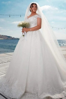 Elegant Off the Shoulder Chapel Sleeveless Tulle Ball Gown Wedding Dress with Appliques_2