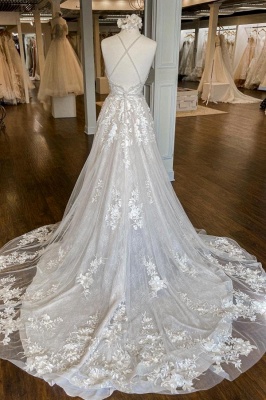 Charming V-neck Spaghetti Strap Halter White Lace Wedding Dress_2