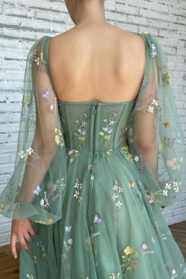 Charming Green Long Sleeves A-Line V-Neck Tulle Prom Dresses Evening Dresses with Ruffles_3