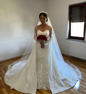 Elegant A-Line Chapel Long Sleeves Lace Wedding Dresses_2