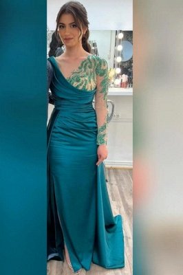 Gorgeous Dark Green Mermaid Long Sleeves Floor-Length V-Neck Stretch Satin Prom Dresses with Ruffles_1