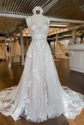 Charming V-neck Spaghetti Strap Halter White Lace Wedding Dress_1