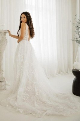 Elegant A-Line Deep v-neck Chapel Train sleeveless white tulle lace wedding dress_2