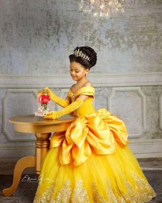 Cute Yellow Floor length Off the Shoulder Velvet Satin Flower Girl Dress