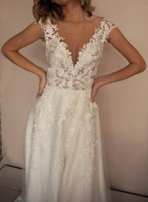 Exquisite Floor-Length A-Line V-Neck Chapel Backless Sleeveless Wedding Dresses with Appliques_3