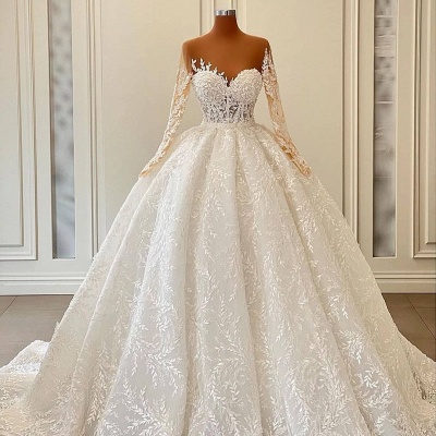Gorgeous Jewel Chapel Long Sleeve Ball Gown Wedding Dresses with Appliques_2