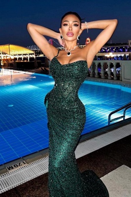 Chic Green Sequins Asymmetrical Spaghetti Strap Mermaid Sleeveless Prom Dresses_3