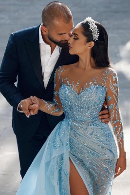 Sky blue Sweetheart Sparkle Crystals Long Prom Dress with Side Sweep Train_3