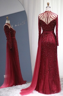 Elegant Dark Red High Collar A-Line Beading Floor Length Tulle Homecoming Prom Dresses_3