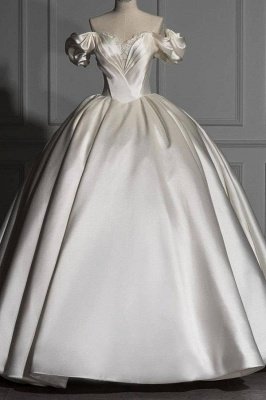 Charming Off the Shoulder Sweetheart Satin Ball Gown Wedding Dress with Ruffles_1