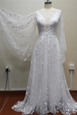 Simple Puffy Sleeves Evening Dress Scoop Neck Star Pattern Aline Bridal Dress_4