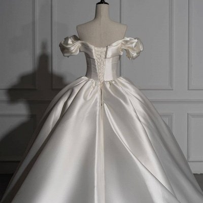 Charming Off the Shoulder Sweetheart Satin Ball Gown Wedding Dress with Ruffles_6