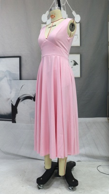 Simple Pink V-neck Hi-Lo Pocket Satin Prom Dress with Ruffles_5