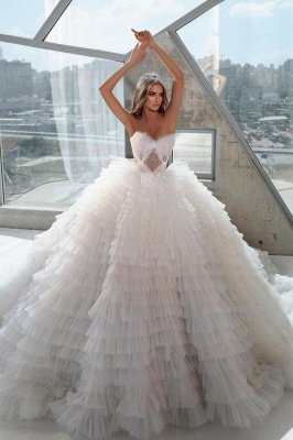 Stylish Floor-Length Sweetheart Tiered Lace Tulle Ball Gown Wedding Dresses_1