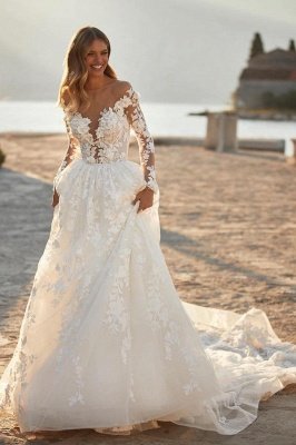 Elegant A-Line Chapel Jewel Long Sleeve Lace Wedding Dresses with Appliques_4