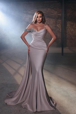 Gorgeous Grey Asymmetrical Sleeveless Mermaid One Shoulder Stetch Satin Prom Dress_1