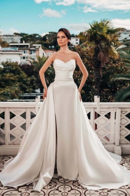 Elegant A-Line Sleeveless Strapless Sweetheart Detachable Satin Wedding Dress_1