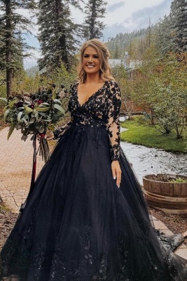 Elegant Black A-Line Chapel V-Neck Long Sleeves Wedding Dress with Appliques_1