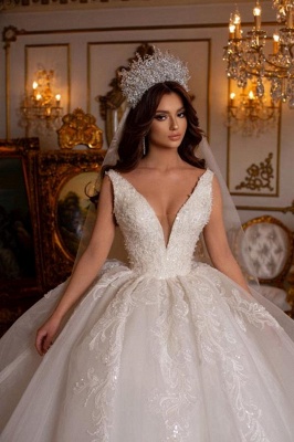 Gorgeous V-Neck Floor length A-line Tulle Ball Gown Wedding Dress_3