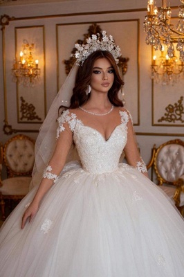 Elegant V-neck Long Sleeves Floor Length Lace Tulle Ball Gown Wedding Dress_3