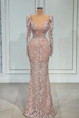 Exquisite Pink V-neck Long Sleeves Mermaid Lace Prom Dress_1