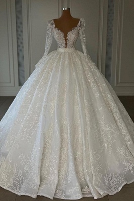 Charming V-neck Long Sleeves Floor Length Lace Ball Gown Wedding Dress_1