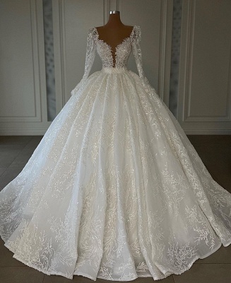 Charming V-neck Long Sleeves Floor Length Lace Ball Gown Wedding Dress_3