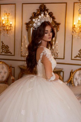Elegant V-neck Long Sleeves Floor Length Lace Tulle Ball Gown Wedding Dress_4