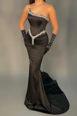 Stylish Black Strapless Beading Floor Length Mermaid Stretch Satin Prom Dress_2