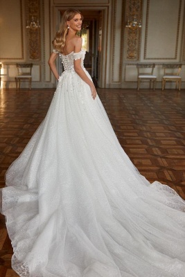 Elegant Off the Shoulder Chapel Train A-Line Wedding Dress with Appliques_2