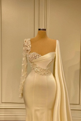 Elegant White Asymmetrical Long Sleeves Beading Zipper Mermaid Prom Dress with Ruffles_2