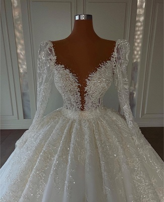 Charming V-neck Long Sleeves Floor Length Lace Ball Gown Wedding Dress_4