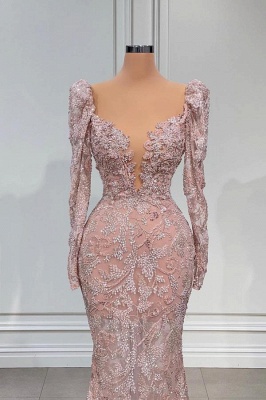 Exquisite Pink V-neck Long Sleeves Mermaid Lace Prom Dress_2
