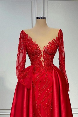 Charming Red V-neck A-Line Long Sleeves Stretch Satin Prom Dress_2