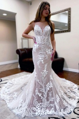 Elegant Mermaid Chapel Train Spaghetti Strap Sleeveless Floor Length Wedding Dress with Appliques_1