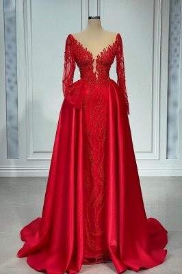 Charming Red V-neck A-Line Long Sleeves Stretch Satin Prom Dress_1