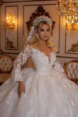 Elegant Sweetheart Long Sleeves Zipper Lace Ball Gown Wedding Dress with Appliques_3
