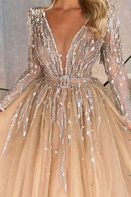 Gorgeous Champagne V-Neck Long Sleeves Crystal Tulle Ball Gown Prom Dress_2