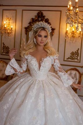 Elegant Sweetheart Long Sleeves Zipper Lace Ball Gown Wedding Dress with Appliques_4