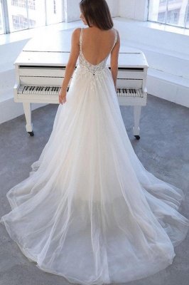Graceful V-Neck Chapel Train Sleeveless A-Line Tulle Wedding Dress with Appliques_2
