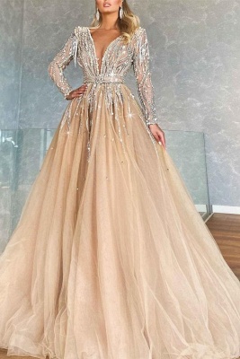 Gorgeous Champagne V-Neck Long Sleeves Crystal Tulle Ball Gown Prom Dress_1