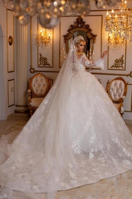 Elegant Sweetheart Long Sleeves Zipper Lace Ball Gown Wedding Dress with Appliques_2