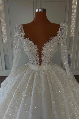 Charming V-neck Long Sleeves Floor Length Lace Ball Gown Wedding Dress_2