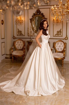 Charming A-Line Sleeveless V-neck Satin Wedding Dress with Train_4