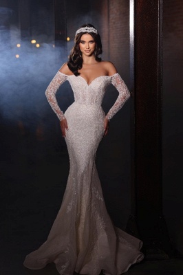 Sparkling Long sleeves off the shoulder mermaid wedding dress_2