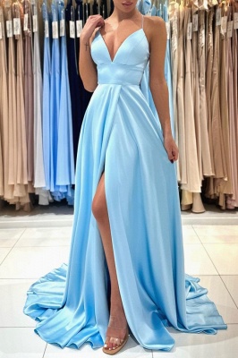 Chic Blue Sheath Halter Sleeveless Stretch Satin Prom Dress with Ruffles_6