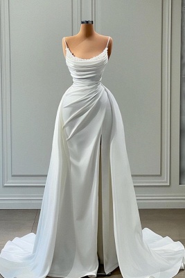 Charming Spaghetti Straps sleeveless white mermaid prom dress with Ruffles_1