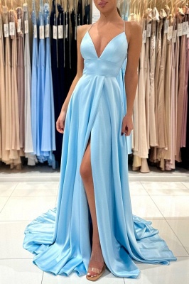 Chic Blue Sheath Halter Sleeveless Stretch Satin Prom Dress with Ruffles_3