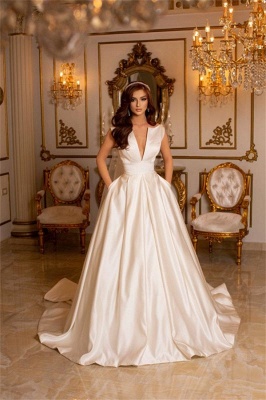 Charming A-Line Sleeveless V-neck Satin Wedding Dress with Train_1