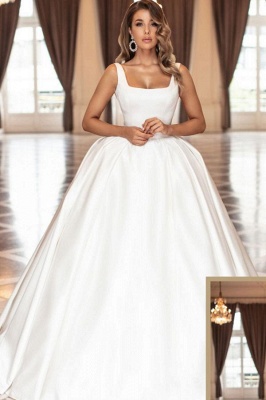 Simple White Square Straps Satin Ball Gown Wedding Dress_1